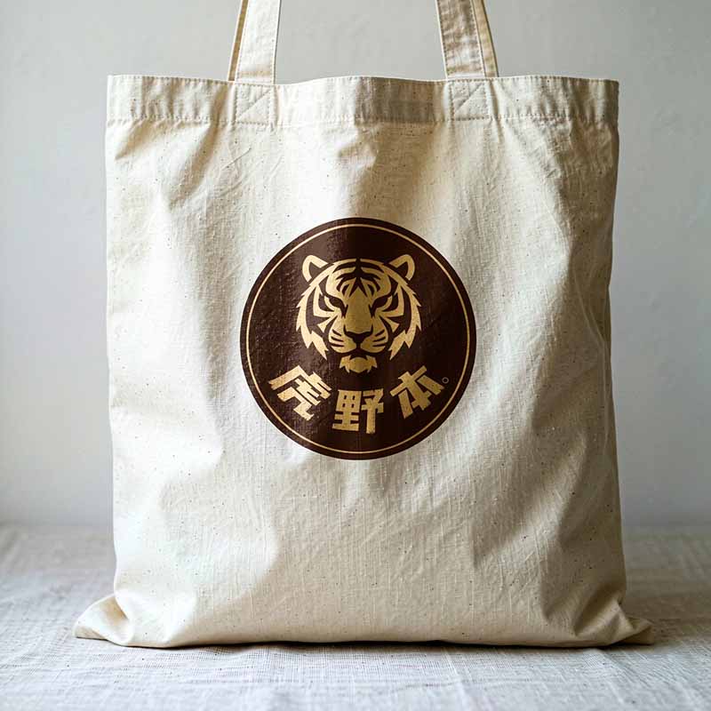 印有虎头图案的米白帆布托特包