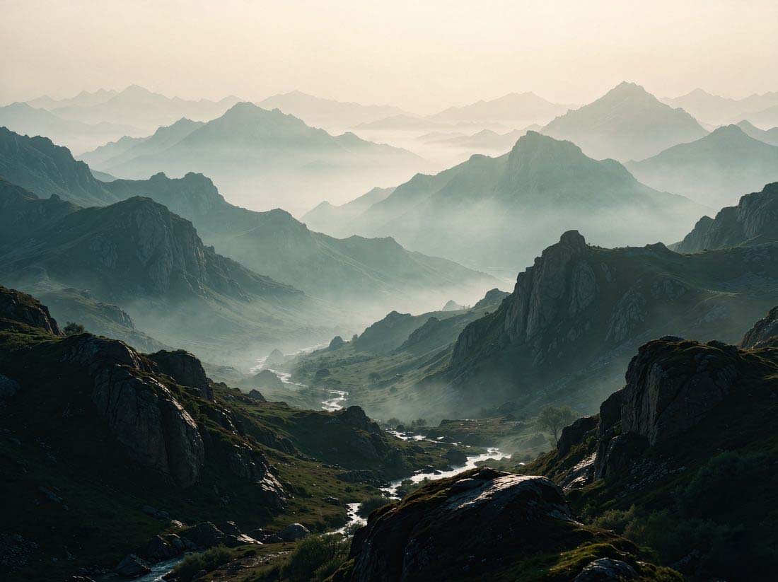晨雾中层叠的青灰色山脉，山海系列目的地意象